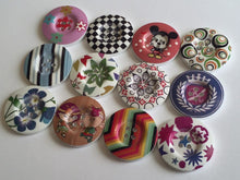Load image into Gallery viewer, 3 5 10 Wooden Buttons 31mm Wide Sewing Craft 4 holes Flower Stripes Crown Check Toys Different Designs Pattern Colours