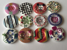Load image into Gallery viewer, 3 5 10 Wooden Buttons 31mm Wide Sewing Craft 4 holes Flower Stripes Crown Check Toys Different Designs Pattern Colours
