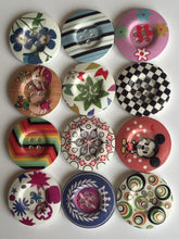 Load image into Gallery viewer, 3 5 10 Wooden Buttons 31mm Wide Sewing Craft 4 holes Flower Stripes Crown Check Toys Different Designs Pattern Colours