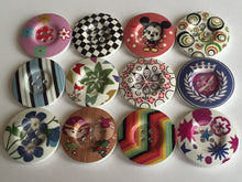 Load image into Gallery viewer, 3 5 10 Wooden Buttons 31mm Wide Sewing Craft 4 holes Flower Stripes Crown Check Toys Different Designs Pattern Colours