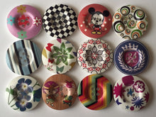 Load image into Gallery viewer, 3 5 10 Wooden Buttons 31mm Wide Sewing Craft 4 holes Flower Stripes Crown Check Toys Different Designs Pattern Colours