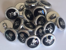 Load image into Gallery viewer, 10 20 BLACK SILVER #A# 15mm Wide Shank Quality Buttons Dresses Tops Coats Babies Blazers Military Uniforms Coat Of Arms Shirt Sewing Craft