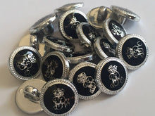 Load image into Gallery viewer, 10 20 BLACK SILVER #A# 15mm Wide Shank Quality Buttons Dresses Tops Coats Babies Blazers Military Uniforms Coat Of Arms Shirt Sewing Craft