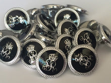 Load image into Gallery viewer, 10 20 BLACK SILVER #A# 15mm Wide Shank Quality Buttons Dresses Tops Coats Babies Blazers Military Uniforms Coat Of Arms Shirt Sewing Craft