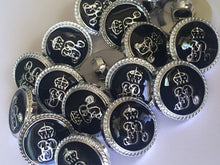 Load image into Gallery viewer, 10 20 BLACK SILVER #B# 15mm Wide Shank Quality Buttons Dresses Tops Coats Babies Blazers Military Uniforms Coat Of Arms Shirt Sewing Craft
