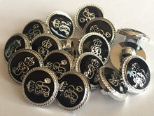 Load image into Gallery viewer, 10 20 BLACK SILVER #B# 15mm Wide Shank Quality Buttons Dresses Tops Coats Babies Blazers Military Uniforms Coat Of Arms Shirt Sewing Craft