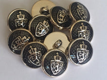 Load image into Gallery viewer, 10 20 SILVER GOLD Crown Coat Of Arms Black 15mm 18mm Wide Shank Quality Buttons Dresses Tops Coats Babies Blazers Uniform Shirt Sewing Craft
