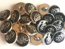 Load image into Gallery viewer, 10 20 SILVER GOLD Crown Coat Of Arms Black 15mm 18mm Wide Shank Quality Buttons Dresses Tops Coats Babies Blazers Uniform Shirt Sewing Craft