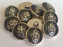 Load image into Gallery viewer, 10 20 SILVER GOLD Crown Coat Of Arms Black 15mm 18mm Wide Shank Quality Buttons Dresses Tops Coats Babies Blazers Uniform Shirt Sewing Craft