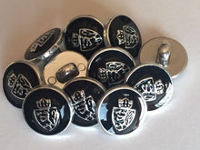 Load image into Gallery viewer, 10 20 SILVER GOLD Crown Coat Of Arms Black 15mm 18mm Wide Shank Quality Buttons Dresses Tops Coats Babies Blazers Uniform Shirt Sewing Craft