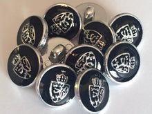 Load image into Gallery viewer, 10 20 SILVER GOLD Crown Coat Of Arms Black 15mm 18mm Wide Shank Quality Buttons Dresses Tops Coats Babies Blazers Uniform Shirt Sewing Craft