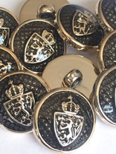 Load image into Gallery viewer, 10 20 SILVER GOLD Crown Coat Of Arms Black 15mm 18mm Wide Shank Quality Buttons Dresses Tops Coats Babies Blazers Uniform Shirt Sewing Craft