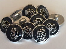 Load image into Gallery viewer, 10 20 SILVER GOLD Crown Coat Of Arms Black 15mm 18mm Wide Shank Quality Buttons Dresses Tops Coats Babies Blazers Uniform Shirt Sewing Craft