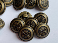 Load image into Gallery viewer, 5 Antique Bronze Brass Metal Shank Buttons 15mm 18mm 20mm 23mm Wide Dresses Tops Coats Babies Blazers Shirt Sewing Art Craft