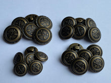 Load image into Gallery viewer, 5 Antique Bronze Brass Metal Shank Buttons 15mm 18mm 20mm 23mm Wide Dresses Tops Coats Babies Blazers Shirt Sewing Art Craft
