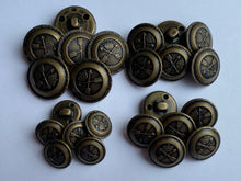 Load image into Gallery viewer, 5 Antique Bronze Brass Metal Shank Buttons 15mm 18mm 20mm 23mm Wide Dresses Tops Coats Babies Blazers Shirt Sewing Art Craft