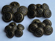 Load image into Gallery viewer, 5 Antique Bronze Brass Metal Shank Buttons 15mm 18mm 20mm 23mm Wide Dresses Tops Coats Babies Blazers Shirt Sewing Art Craft