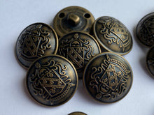 Load image into Gallery viewer, 5 Antique Bronze Brass Metal Shank Buttons 15mm 18mm 20mm 23mm Wide Dresses Tops Coats Babies Blazers Shirt Sewing Art Craft