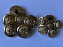 Load image into Gallery viewer, 5 Gold 15mm 21mm Wide Coat Of Arms Shank Quality Buttons Army Military Sewing Craft Coat Jacket