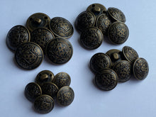 Load image into Gallery viewer, 5 Antique Bronze Brass Metal Shank Buttons 15mm 18mm 20mm 23mm Wide Dresses Tops Coats Babies Blazers Shirt Sewing Art Craft