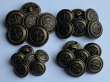 Load image into Gallery viewer, 5 Antique Bronze Brass Metal Shank Buttons 15mm 18mm 20mm 23mm Wide Dresses Tops Coats Babies Blazers Shirt Sewing Art Craft