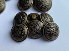 Load image into Gallery viewer, 5 Antique Bronze Brass Metal Shank Buttons 15mm 18mm 20mm 23mm Wide Dresses Tops Coats Babies Blazers Shirt Sewing Art Craft