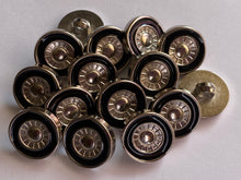 Load image into Gallery viewer, 10 WHEELS Silver Black Shank Quality Buttons 15mm Wide Dresses Tops Coats Babies Blazers Shirt Sewing Craft #