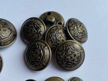Load image into Gallery viewer, 5 Antique Bronze Brass Metal Shank Buttons 15mm 18mm 20mm 23mm Wide Dresses Tops Coats Babies Blazers Shirt Sewing Art Craft