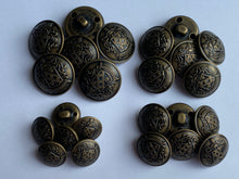 Load image into Gallery viewer, 5 Antique Bronze Brass Metal Shank Buttons 15mm 18mm 20mm 23mm Wide Dresses Tops Coats Babies Blazers Shirt Sewing Art Craft