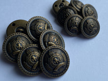 Load image into Gallery viewer, 5 Antique Bronze Brass Metal Shank Buttons 18mm 23mm Wide Dresses Tops Coats Babies Blazers Shirt Sewing Art Craft
