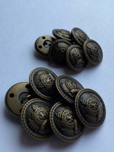 Load image into Gallery viewer, 5 Antique Bronze Brass Metal Shank Buttons 18mm 23mm Wide Dresses Tops Coats Babies Blazers Shirt Sewing Art Craft