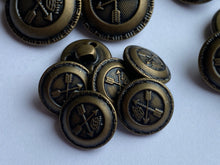 Load image into Gallery viewer, 5 Antique Bronze Brass Metal Shank Buttons 15mm 18mm 20mm 23mm Wide Dresses Tops Coats Babies Blazers Shirt Sewing Art Craft