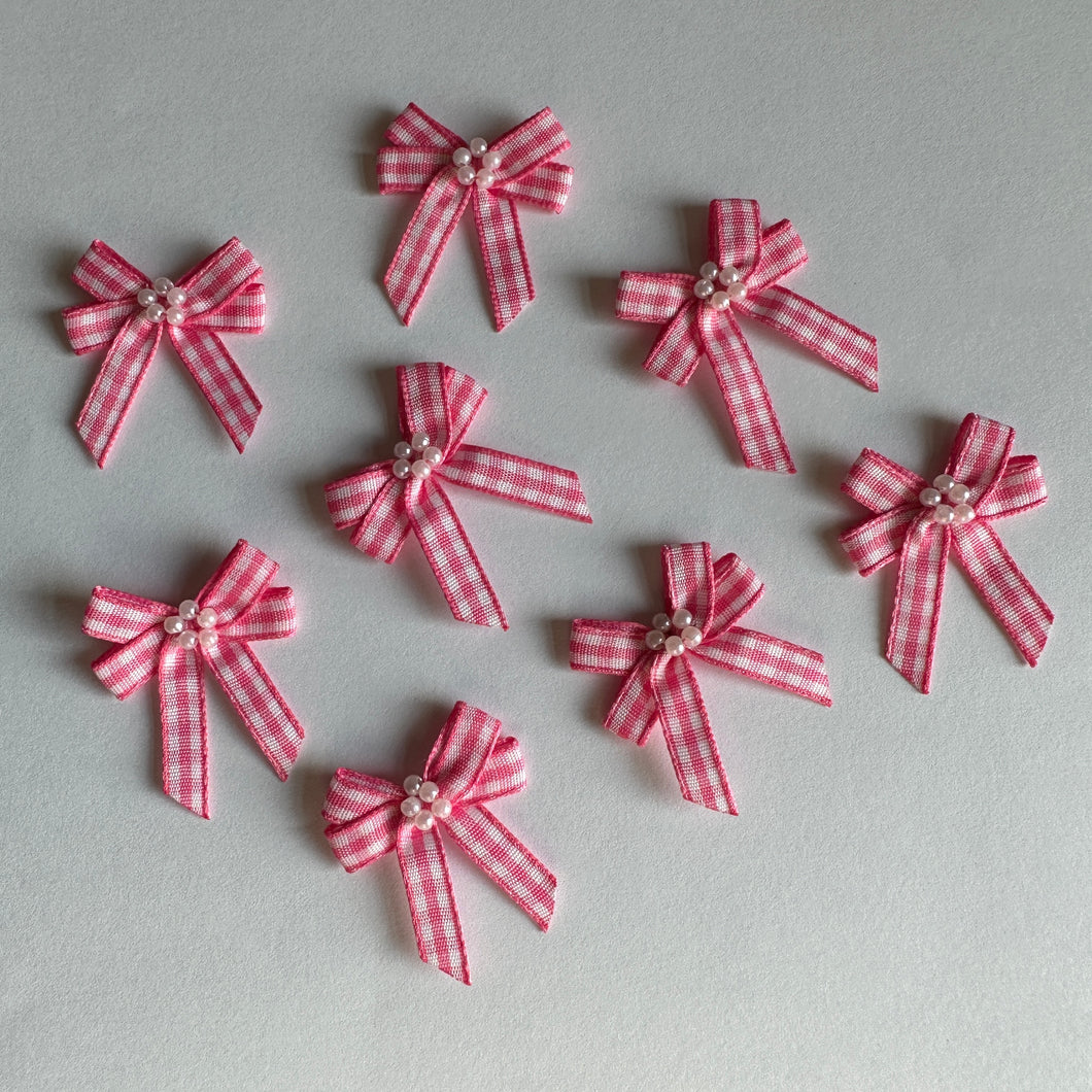 10 Pink n White Cotton Trims Bows with Beads Pearls 32mm x 38mm Girls Ladies Women Flowers Wedding Decorations Craft Beauty Hair Care Makeup