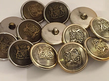 Load image into Gallery viewer, 5 BROWN SILVER Gold 25mm Wide Coat Of Arms Shank Quality Buttons Army Military Sewing Craft Coat Jacket
