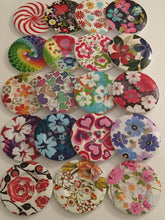 Load image into Gallery viewer, 1pc Wooden Buttons 50mm Wide Sewing Craft 4 holes Different Flower Designs Pattern Colours
