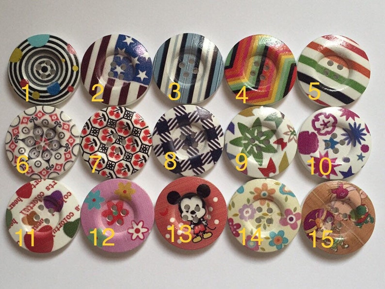 3 4 5 Wooden Buttons 30mm Wide Sewing Craft 4 holes Flower Stripes Check Toys Different Designs Pattern Colours