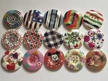 Load image into Gallery viewer, 3 4 5 Wooden Buttons 30mm Wide Sewing Craft 4 holes Flower Stripes Check Toys Different Designs Pattern Colours

