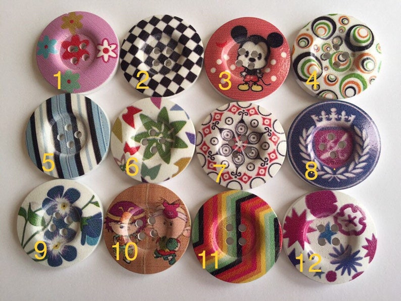3 5 10 Wooden Buttons 31mm Wide Sewing Craft 4 holes Flower Stripes Crown Check Toys Different Designs Pattern Colours