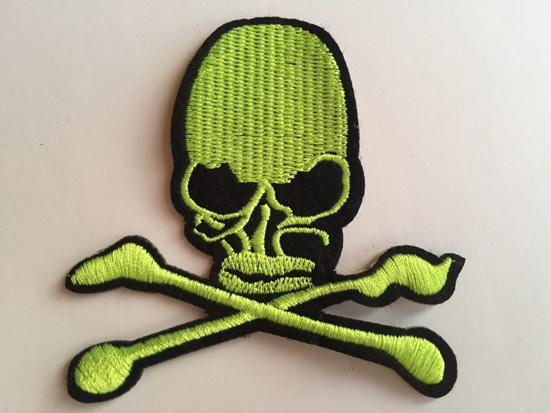 Lime Black SKULL 82mm x 80mm Sew-On Embroidered Patch Denim Biker Leather Jacket Coat Bags Rock And Roll