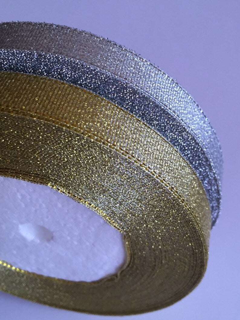 FULL ROLL GOLD SILVER Shine Trim App. 30 Yards 13mm Wide Glitter Shimmering Sheer Organza Ribbon Trimmings